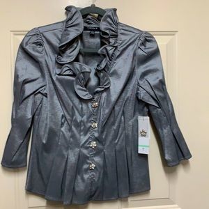 Gorgeous silver taffeta top with rhinestone buttons.